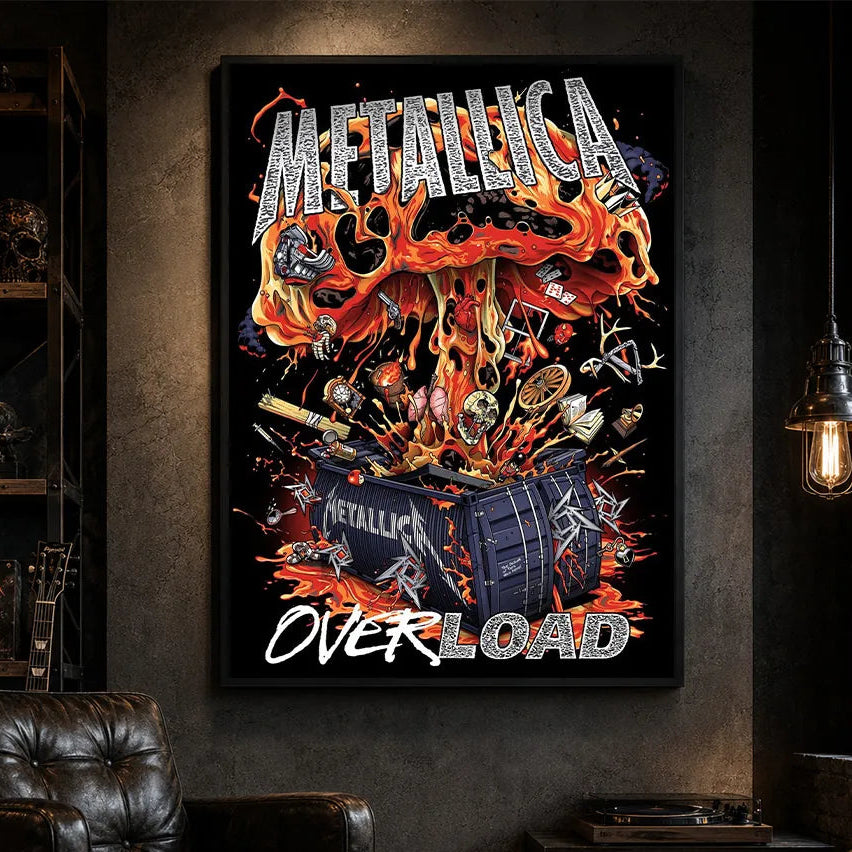 Metallica poster canvas featuring Overload Crate Explosion Artwork with a black crate bursting open, flames, skulls, relics, strange objects, molten energy, and chaotic heavy metal detail